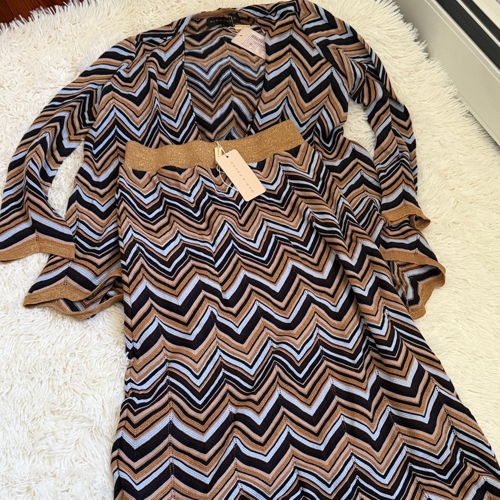 Chevron Knit Two-Piece Set in Black, Camel & Light Blue